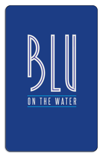 White Text "blue on the water" on a royal blue background